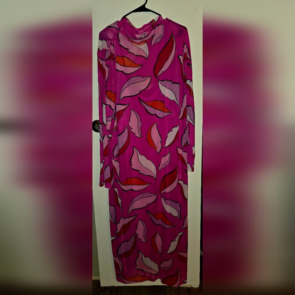 Bold Pink Leaf-Print Dress